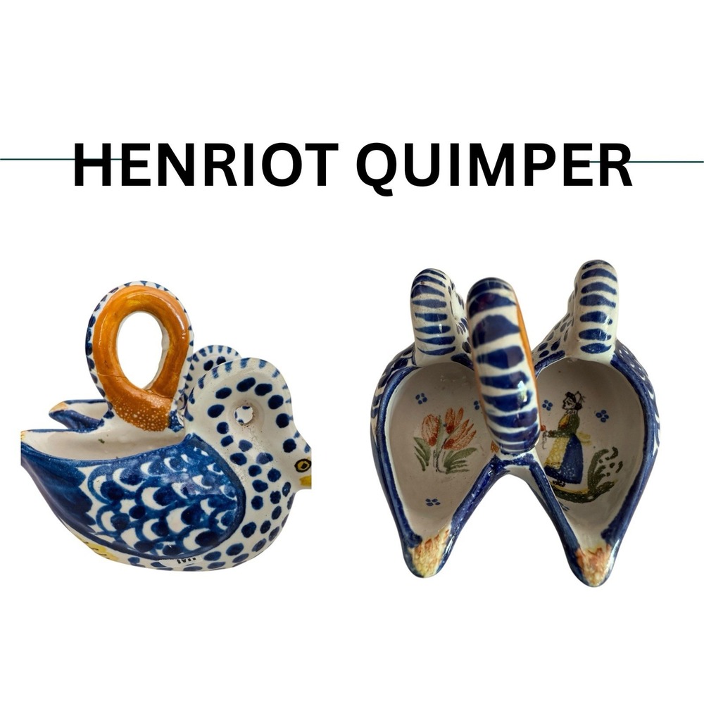 Henriot‎ Quimper French art pottery ring handled figural swan double salt